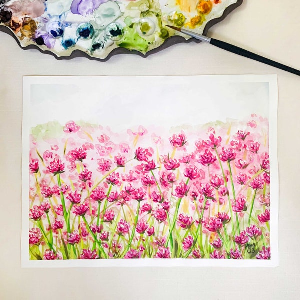 Pink Clover Field Original Watercolor & Gouache Painting. 12 x 9. Unframed.