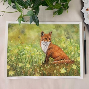 Fox in a Wild Flower Field Original Watercolor and Gouache Painting. 9 x 12. Unframed.