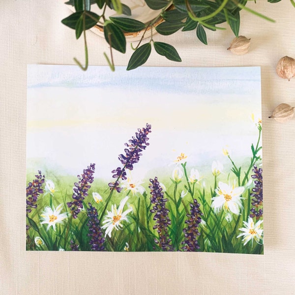 Lavender and Wild White Flowers In Field Fine Art Print. Watercolor and Gouache Botanical Unframed 10x8 Artwork For Your Home