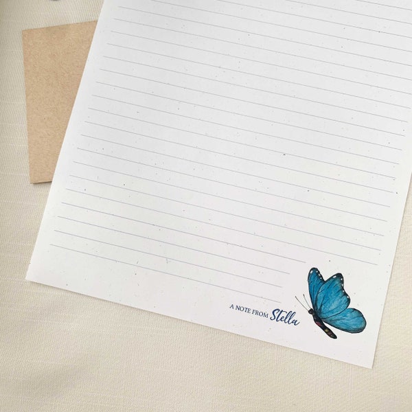 Personalized Blue Butterfly Whimsy Pen Pal Stationery Set. Eco Friendly Cute Letterhead Set of 10.