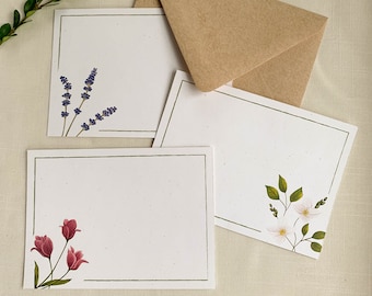 Summer Floral Notecards. Eco Friendly Watercolor Stationery Set of 10 Flat Notecards In Larger A6 Card Size.