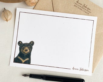 Personalized Baby Black Bear Notecards. Eco Friendly Watercolor Stationery Set of 10 Flat Notecards In Larger A6 Card Size.