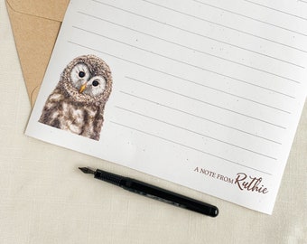 Personalized Baby Tawny Owl Watercolor Kids Pen Pal Stationery Set. Eco Friendly Cute Children's Letterhead Set of 10.