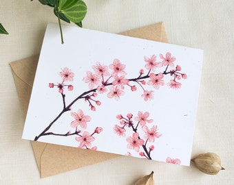 Pink Cherry Blossoms Folded Notecards. Pretty Botanical Eco Friendly Watercolor Stationery Set of 10 A2 Size Cards.