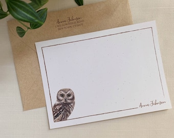 Northern Sew-Whet Owl Notecards. Personalized Eco Friendly Watercolor Stationery Set of 10 Flat Note Cards In Larger A6 Card Size.
