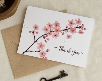 Pink Cherry Blossoms Thank You Cards. Botanical Eco Friendly Watercolor Stationery Set of 10 A2 Sized Folded Cards.