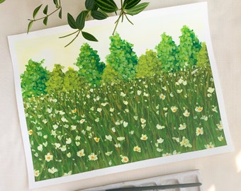 Field of Daisies Original Gouache Landscape Painting. 12 x 9. Unframed.