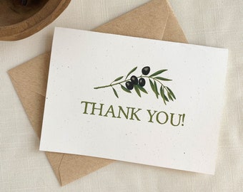 Black Olive Branch Thank You Card. Botanical Eco Friendly Watercolor Stationery Set of 10 A2 Sized Folded Cards.