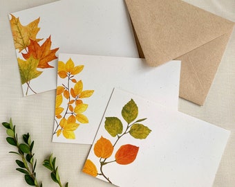 Autumn Leaves Notecards. Eco Friendly Watercolor Stationery Set of 10 Flat Notecards In Larger A6 Card Size.