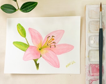 Pink Lily With Bud Original Watercolor Painting. 6.5 x 5. Unframed.