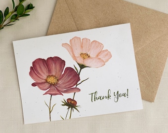 Pink Cosmos Thank You Card. Botanical Eco Friendly Watercolor Stationery Set of 10 A2 Sized Folded Cards.