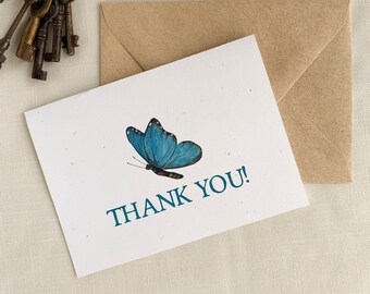 Pretty Blue Butterfly Thank You Cards. Botanical Eco Friendly Watercolor Stationery Set of 10 A2 Sized Folded Cards.