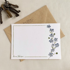 Personalized Blue Floral Flax Seed Notecards. Eco Friendly Watercolor Stationery Set of 10 Flat Notecards In Larger A6 Card Size.