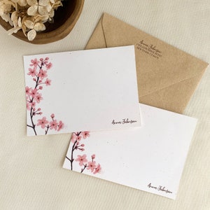 Complete Personalized Stationery Set CHERRY BLOSSOM WATERCOLOR Flower  Branch Stationary Set Folded and Flat Note Cards Notepad 