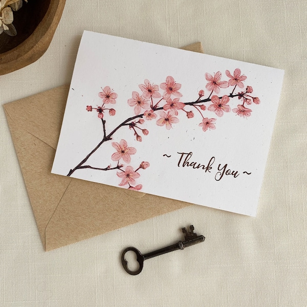 Pink Cherry Blossoms Thank You Cards. Botanical Eco Friendly Watercolor Stationery Set of 10 A2 Sized Folded Cards.