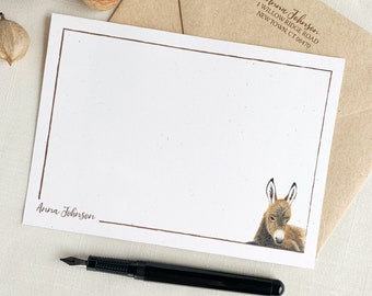 Personalized Baby Donkey Notecards. Eco Friendly Watercolor Stationery Set of 10 Flat Notecards In Larger A6 Card Size.