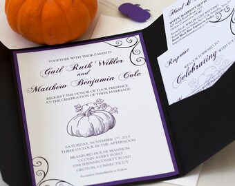 Pumpkin Halloween Pocket Fold Wedding Invitation. SAMPLE