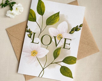 White Jasmine Flowers "Love" Watercolor Eco Friendly 5x7 Greeting Card With Kraft Envelope.