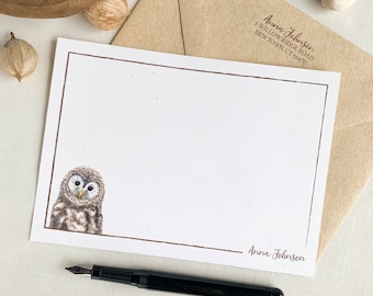 Personalized Baby Tawny Owl Notecards. Eco Friendly Watercolor Stationery Set of 10 Flat Notecards In Larger A6 Card Size.