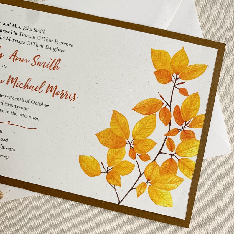 Autumn Hazel Branch Leaves Watercolor Eco Friendly Wedding Invitation. DEPOSIT ONLY. zdjęcie 3