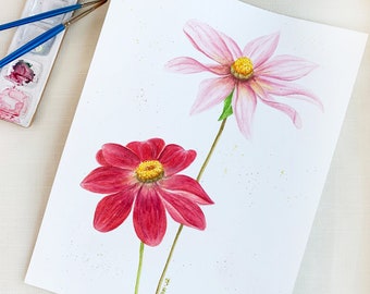 Pink Dahlia Original Watercolor Painting. 9 x 12. Unframed.