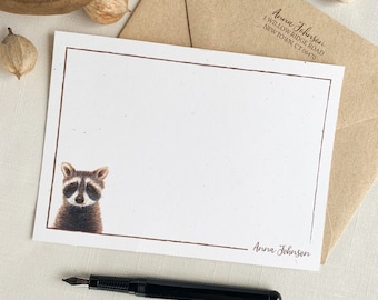 Personalized Baby Raccoon Notecards. Eco Friendly Watercolor Stationery Set of 10 Flat Notecards In Larger A6 Card Size.