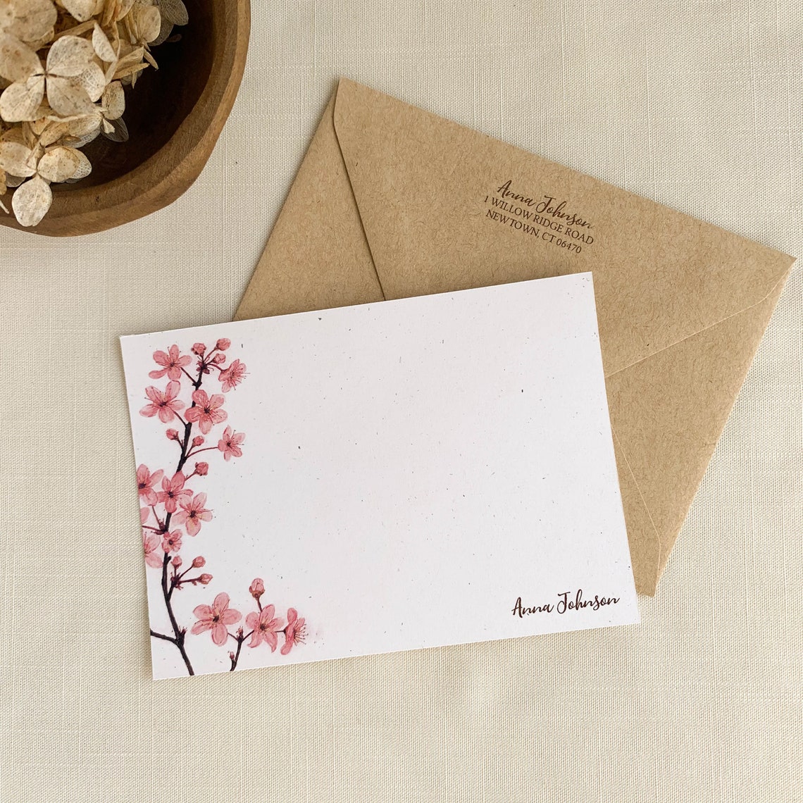 Pink Cherry Blossom Note Cards. Personalized Stationery. Etsy