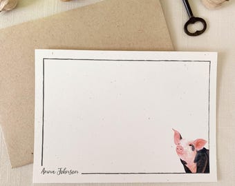 Personalized Baby Pig Notecards. Eco Friendly Watercolor Stationery Set. Flat Cards In Larger A6 = Size.