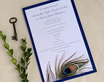 Personalized Peacock Feather Wedding Program. DEPOSIT.