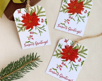 Eco Friendly Poinsettia Season Greetings Watercolor Holiday Gift Tags. Set of 9 Tags.