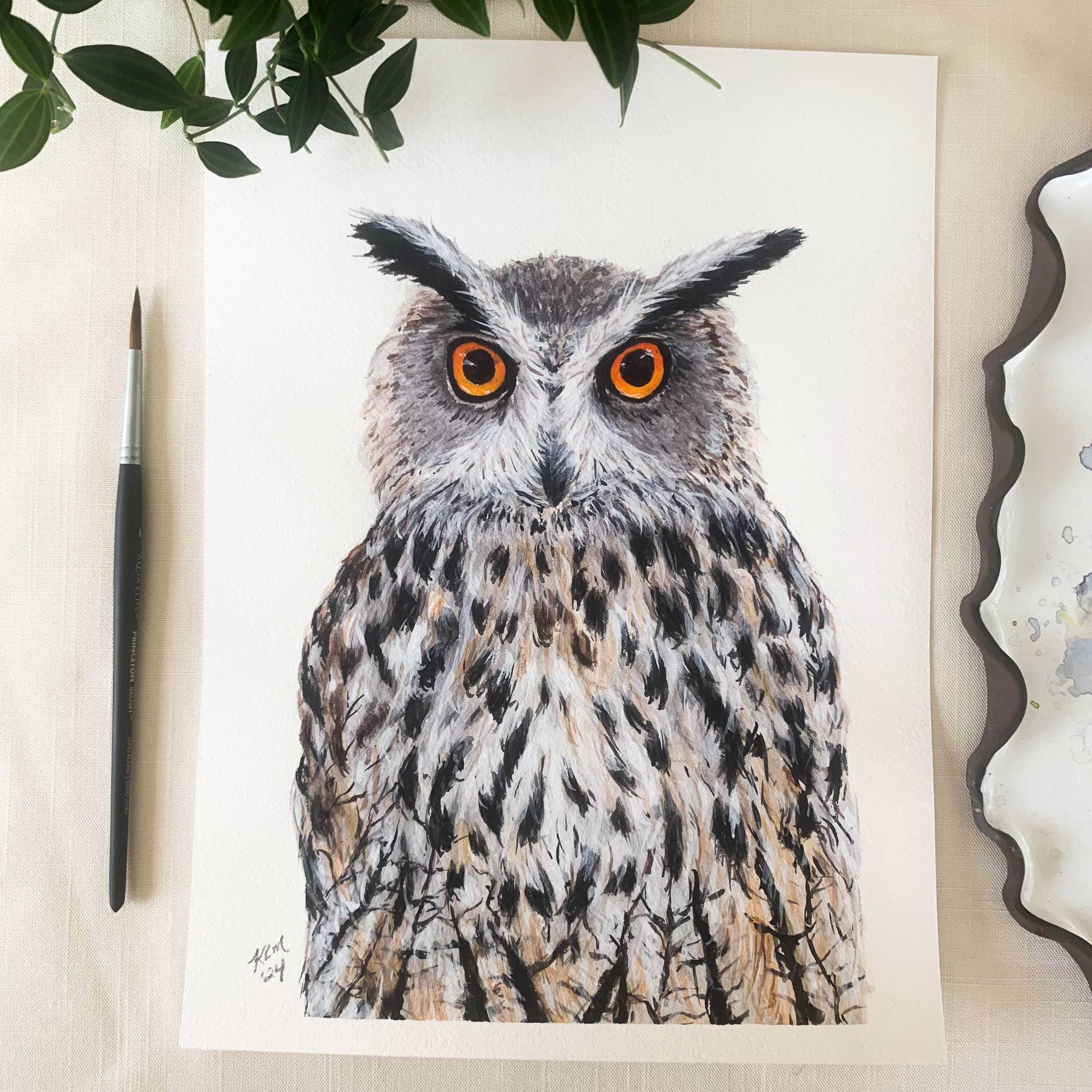Eagle Owl Original Watercolor Painting. 9 x 12 Unframed Wildlife Bird Painting.