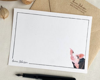 Personalized Baby Pig Notecards. Eco Friendly Watercolor Stationery Set of 10 Flat Notecards In Larger A6 Card Size.