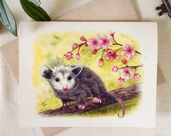 Opossum On Cherry Blossom Branch Notecards. Woodland Eco Friendly Watercolor Stationery Set. A2 Size Folded Cards.