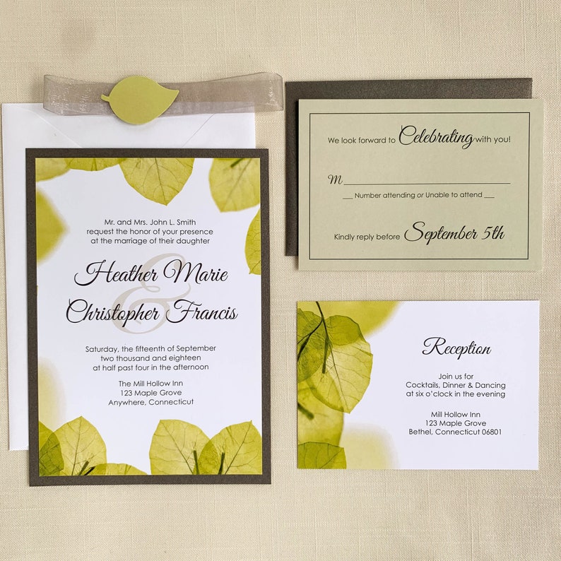 Autumn Green Key Leaf Wedding Invitation Mounted On Wood Grain Paper. DEPOSIT ONLY. image 2