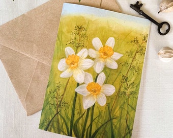 Daffodils In The Garden Frameable Watercolor Eco Friendly Portrait 5x7 Greeting Card With Kraft Envelope.