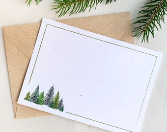 Evergreen Forest Holiday Notecard Set. Winter Eco Friendly Watercolor Stationery Set of 10 Flat Note Cards In Larger A6 Card Size.