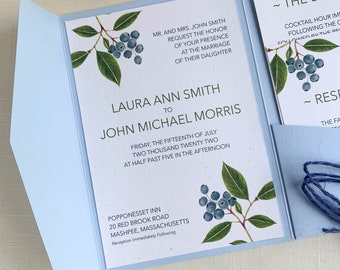 Watercolor Blueberry Summer Wedding Invitation with Baby Blue Pocket Fold. DEPOSIT ONLY.