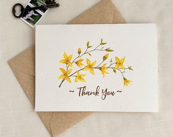 Spring Forsythia Thank You Cards. Botanical Eco Friendly Watercolor Stationery Set of 10 A2 Sized Folded Cards.