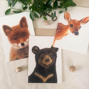 Large Woodland Baby Animals Watercolor Greeting Card. 5x7 Frameable Card With Kraft Envelope. Set of 3 Eco Friendly Cards.