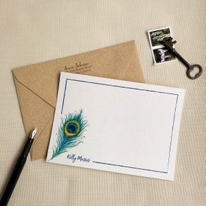 Personalized Peacock Feather Notecards. Eco Friendly Watercolor Stationery Set of 10 Flat Notecards In Larger A6 Card Size.