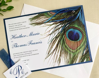 Peacock Feather Modern Wedding Invitation. DEPOSIT ONLY.