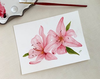 Pink Lilies Original Watercolor Painting. 7 x 5. Unframed.