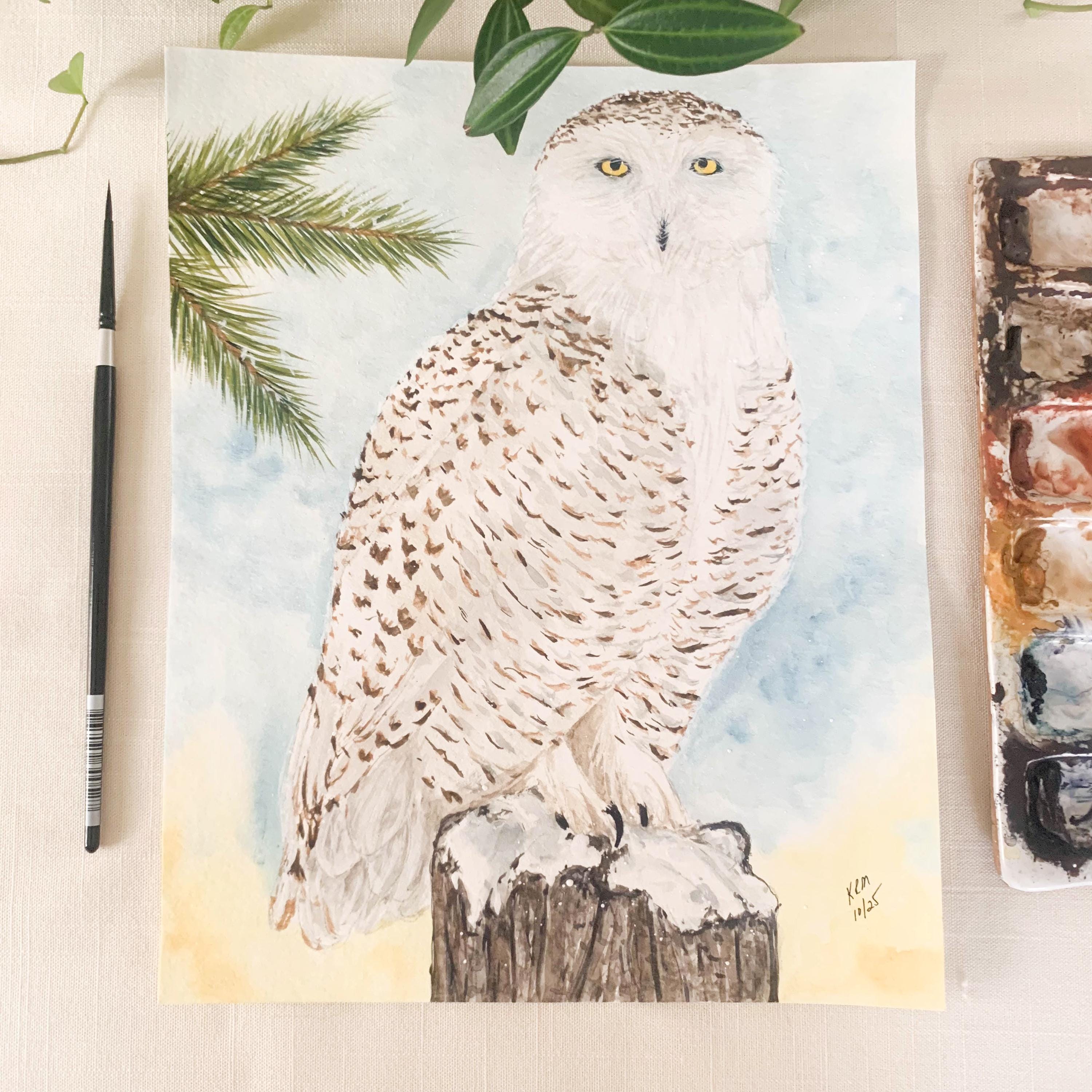 Snowy Owl In Winter Original Watercolor Painting. 9 x 12 Unframed Wildlife Bird Painting.