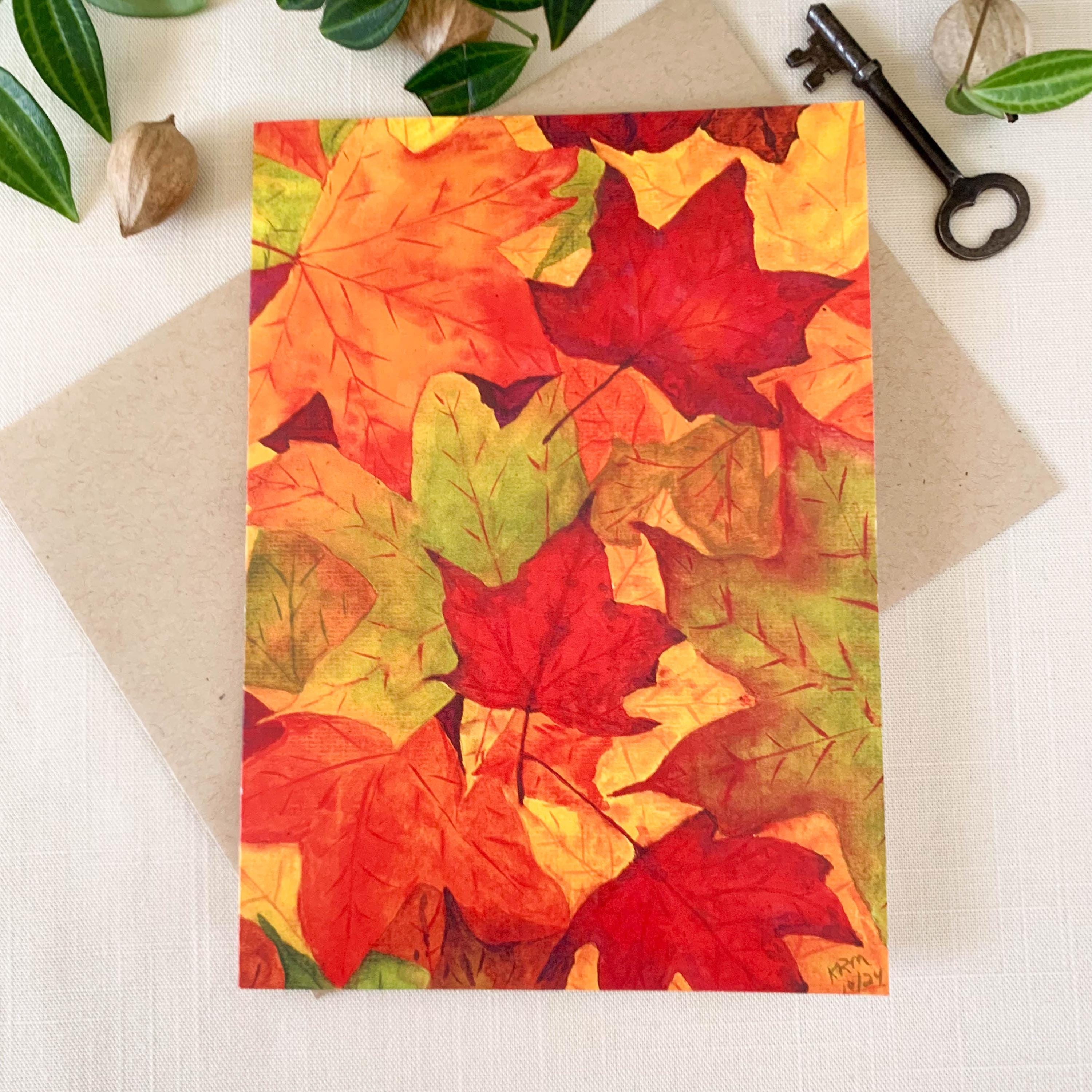 Colorful Autumn Leaves Watercolor Greeting Card. 5x7 Frameable Card With Kraft Envelope. Eco Friendly Cards.