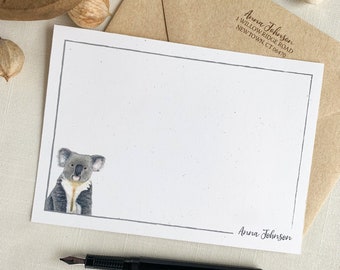 Personalized Baby Koala Notecards. Eco Friendly Watercolor Stationery Set of 10 Flat Notecards In Larger A6 Card Size.