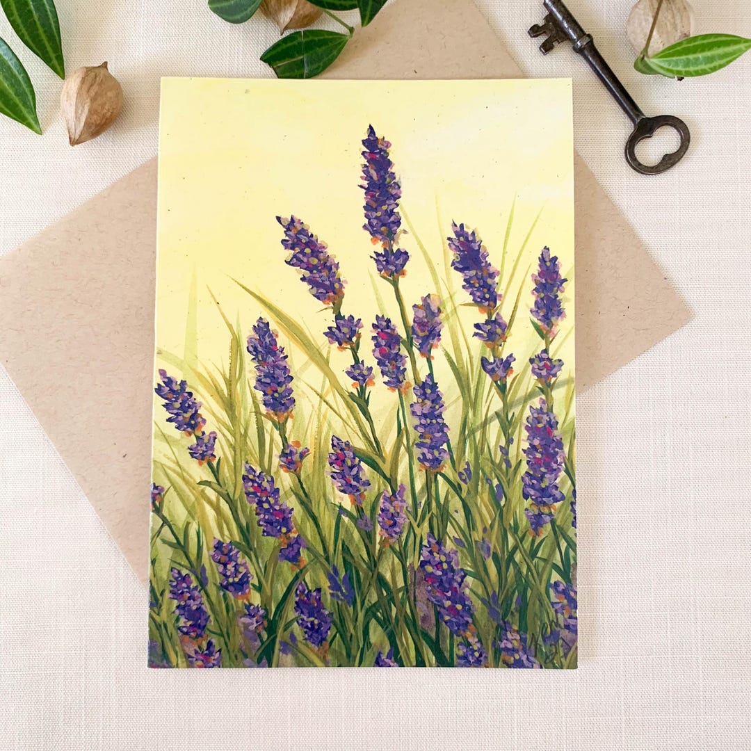 Purple Lavender Fields Watercolor Greeting Card. 5x7 Frameable Card ...