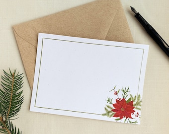 Poinsettia Christmas Notecard Set. Holiday Eco Friendly Watercolor Stationery Set of 10 Flat Note Cards In Larger A6 Card Size.