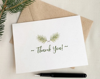 Evergreen Branch Holiday Thank You Cards. Eco Friendly Watercolor Stationery. Set of 10 Folded Cards.