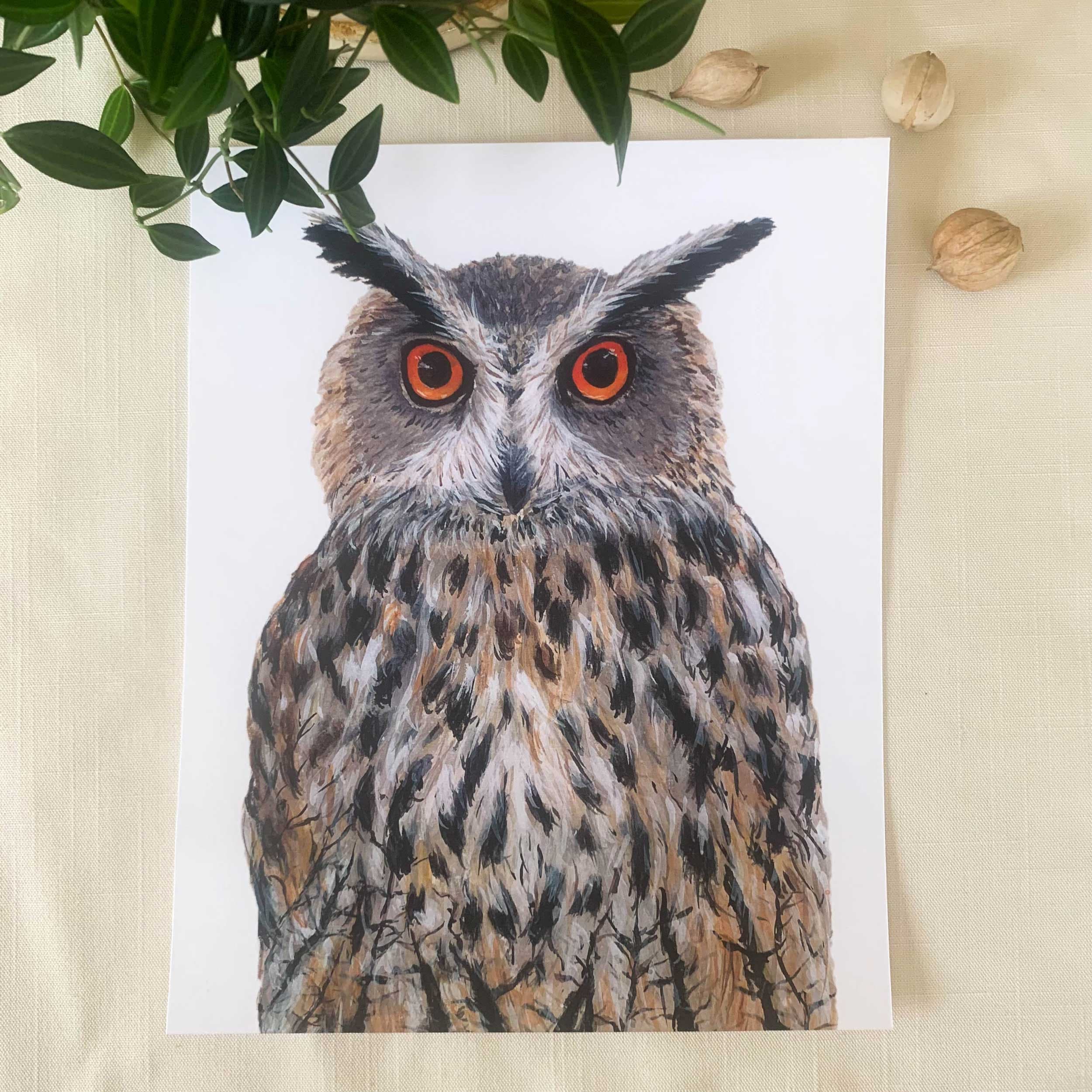 Eagle Owl Watercolor Art Print. 8 x 10 Unframed Owl Wall Decor.