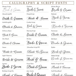 May include: A chart of calligraphy and script fonts, with the text "Willow Glen" at the top. The chart shows the names of different fonts and examples of how they look when used to write "Bride & Groom".